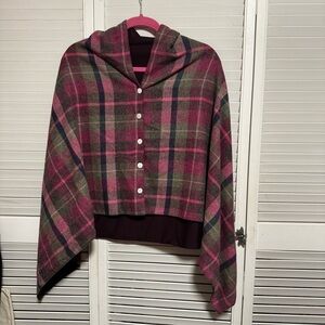 Earth Squared Scotland Highlands Plaid Wool Hooded Poncho Cape NWT Satin Lined